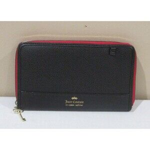 Juicy Couture Zip Around Wallet Black Pebbled Faux Leather Key Charm